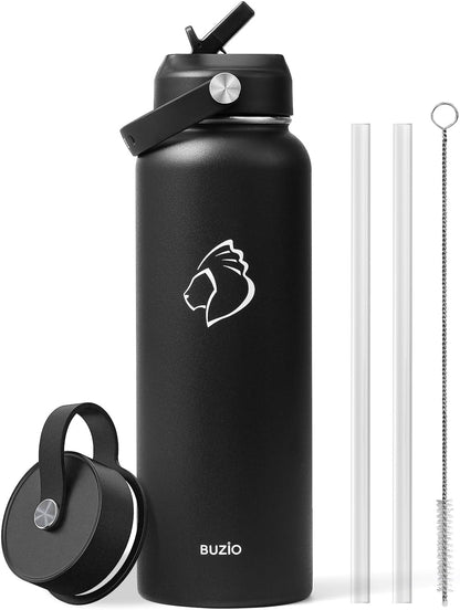 BUZIO 40oz Insulated Water Bottle, Triple Wall Vacuum Stainless Steel Water Flask with 2 lids, Lead-Free BPA-Free Straw Lid Sports Canteen Jug, Cold 48H & Hot 24H- Black - Colors A