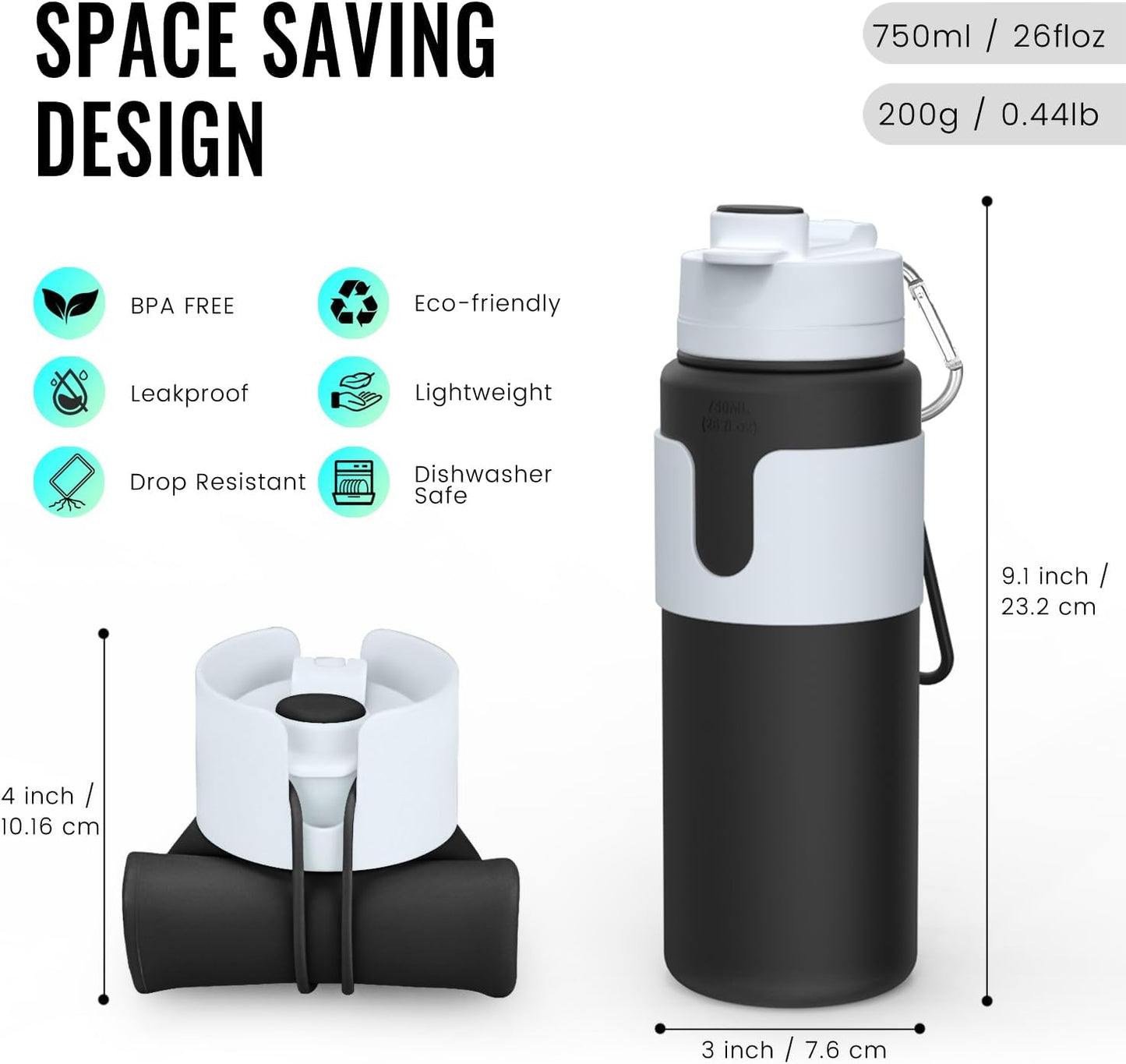 Nefeeko Collapsible Water Bottle, BPA Free 26oz Foldable Water Bottle for Travel Sports, Leak-Proof Spill-Proof Portable Water Bottles with Carabiner, Lightweight