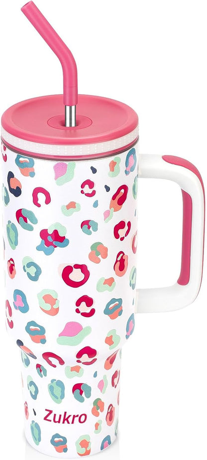 Zukro 40 oz Tumbler with Handle and Straw, Vacuum Insulated Stainless Steel Cup Fits in Cupholder for Travel, Home, Office - No Sweat & Keep Drinks Cold - Dishwasher Safe & BPA Free