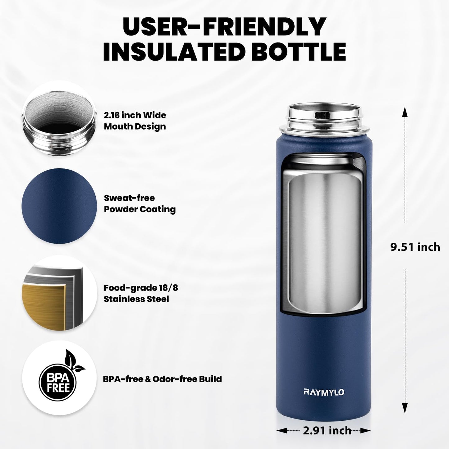 RAYMYLO One Gallon Water Bottle Insulated, Triple Walled Vacuum Stainless Steel (Cold for 48 Hrs), Leak Proof & Non-BPA, Large Water Flask Jug with Paracord Handle & Straw Spout Lids