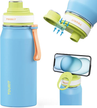 TOURIT 32oz Stainless Steel Wide Mouth Water Bottle, Double-Wall Vacuum Insulation with Spout Lid for Sports and Travel, Black