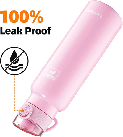 Fanhaw 24 oz Insulated Water Bottle with Soft Silicone Spout Lid, Leakproof Stainless Steel Vacuum Bottle for School, Sports& Daily Use, Kids, Teens& Adults, Back to School Essentials (Pink)