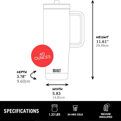 Built 40 oz Cascade Flip Straw Tumbler, Double Wall Insulated Bottle, Gym & Sport Bottles - Stainless Steel & Straw Lid, Leak-Proof, Soft Bumper Base, Portable BPA-Free (Lavender)