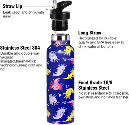 Pickleball Sport Water Bottle with Straw, Vacuum Insulated Stainless Steel Thermal Drinking Travel Mug Cups For Gym Fitness Camping-20oz/600ml