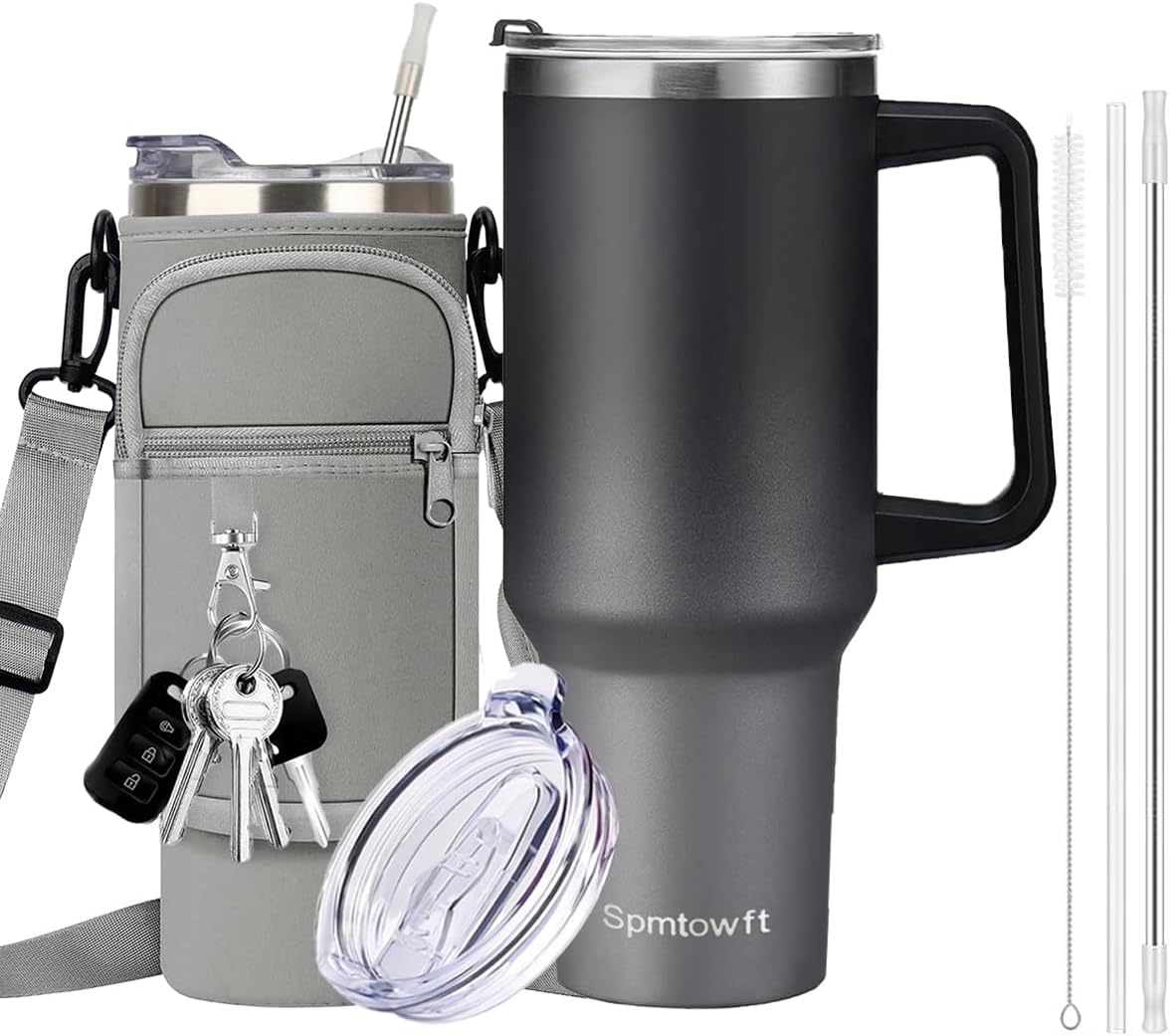 40oz Stainless Steel Double Vacuum Tumbler with Handle, Straw Lid, Carrier Bag, Purse Pouch Phone Pocket, Gym Water Bottle Travel Mug and Sleeve Holder for Men Women (Black)