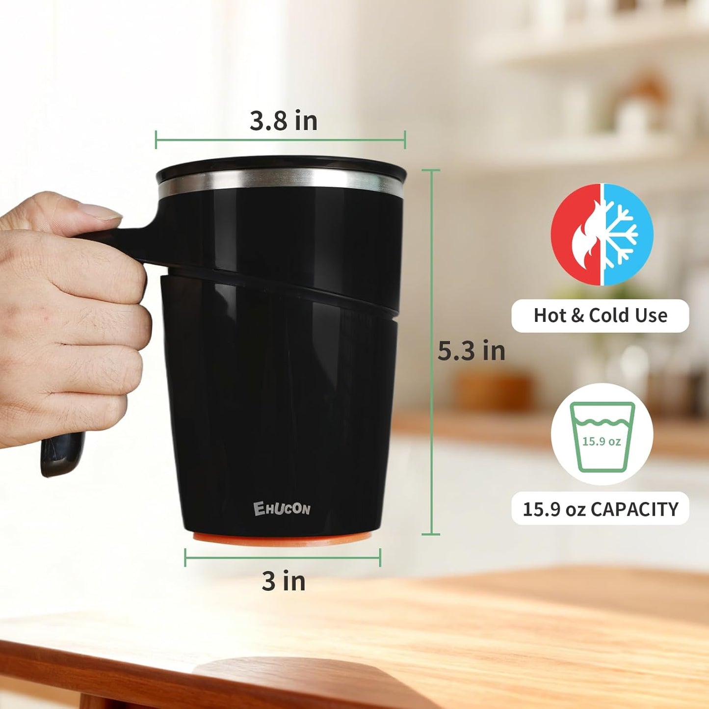 Anti-Impact No-Tip Desk Mug, 470ml / 15.9oz Stainless Steel Vacuum Insulated Mug with Handle, Smart Suction Base, Non-Slip & Knock Proof, Helps Prevent Desk Spills for Coffee, Tea, Kids & Pets (Black)