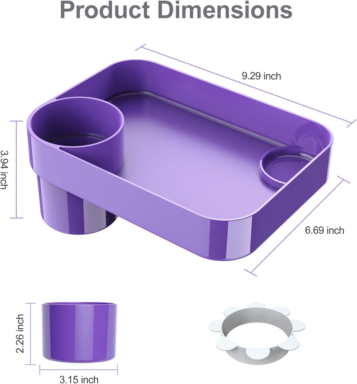 Car Seat Snack Tray for Toddlers - 3 Inch Cup Holder Fits Most Sippy Cups & Straw Bottles with Dip Well, Mess-Free Square Kids Travel Tray Road Trip Essentials, Black