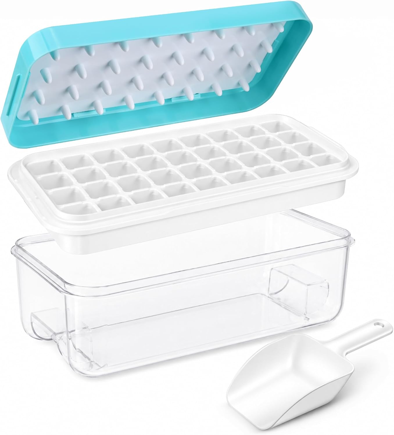 Ice Trays for Freezer with Lid & Bin, Ice Cube Tray Making 64 pcs Ice Cubes, Easy Press to Release Ice, Ice Tray with Storage Bin Chilling Cocktail Whiskey Coffee 2 Trays 1 Ice Bucket & Scoop (Black)