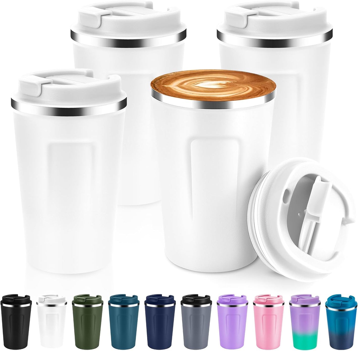 Volhoply 12 oz Double Wall Insulated Vacuum Travel Coffee Mugs with Flip Lid Bulk 2 Pack,Reusable Stainless Steel Leak Proof Coffee Cup,Portable Cafe Thermal Tumbler for Hot & Cold Drinks(Mix,2 Set)