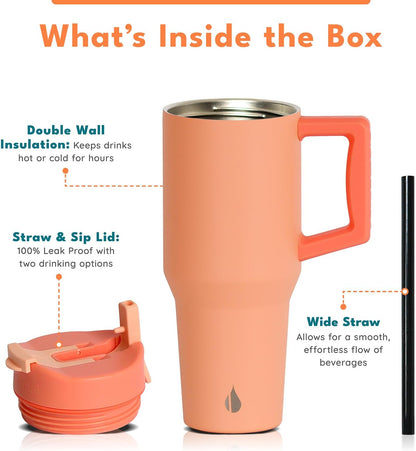 Elemental 32 oz 100% Leak Proof Tumbler with Handle & Straw - Stainless Steel Double Wall Insulated Tumbler for Hot and Cold Beverages - Travel Coffee Mug with Sip & Straw Lid - White - Colors A