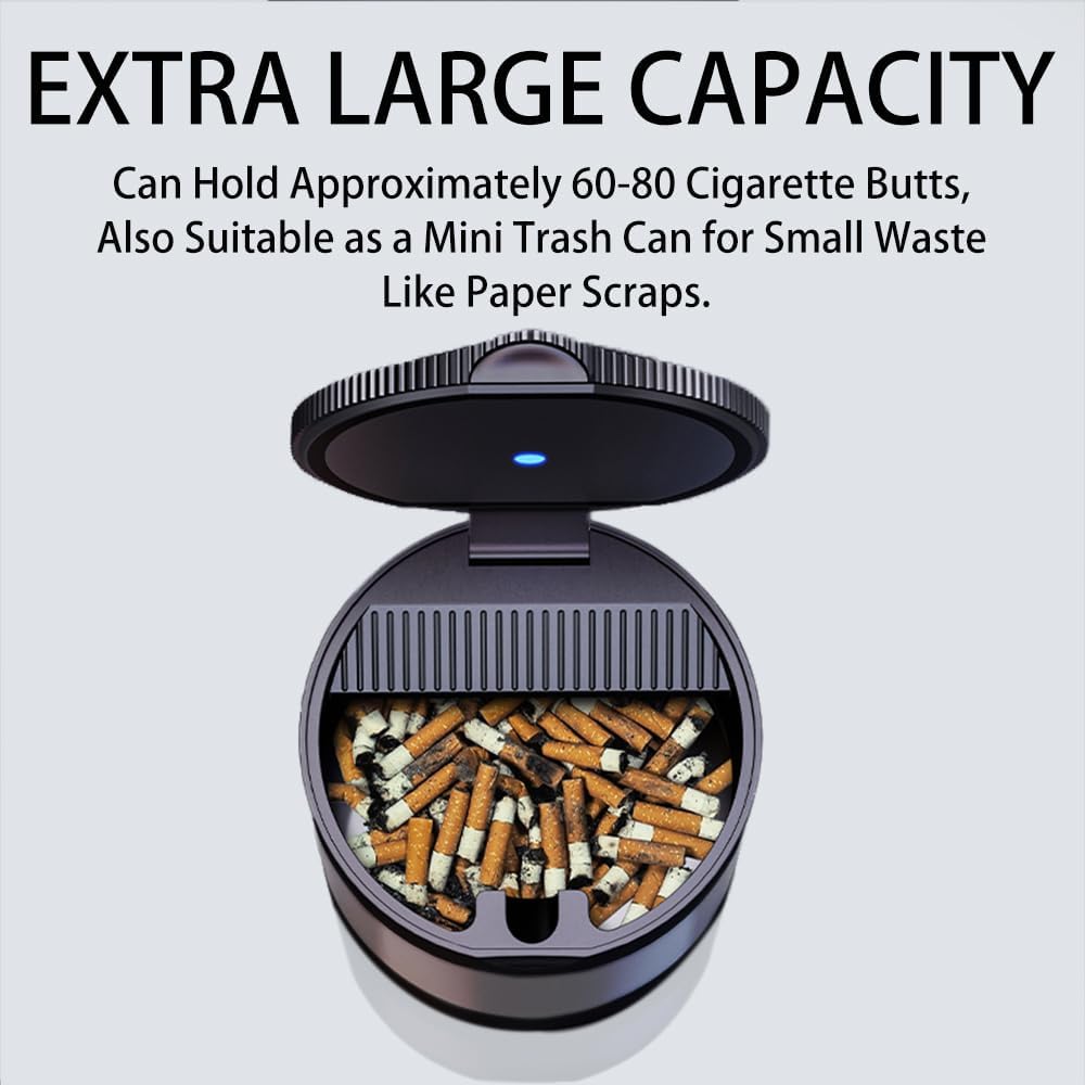 Ashtray with Lid,Smokeless Ashtray for Cup Holder Smell Proof,Detachable Stainless Steel Car Ash Tray with LED Auto Light, for Most Car, Office, Home (Grey)