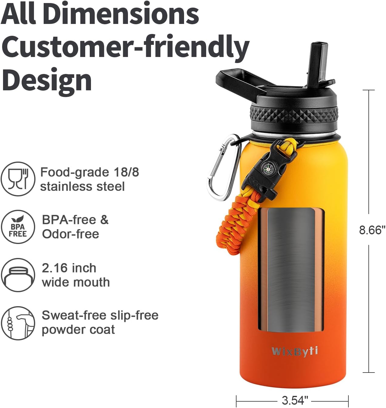 WixByti 40 oz Insulated Water Bottle with Straw (Cold for 36 Hrs), Stainless Steel Triple Wall Vacuum Sports Water Jug, Leakproof Hydro Cup Flask with Paracord Handle & Straw Spout Lids & DIY Stickers