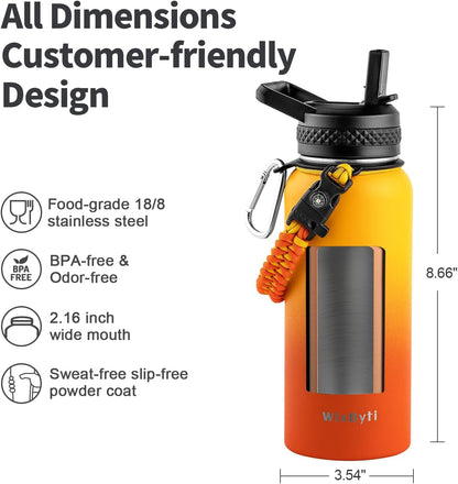 WixByti 40 oz Insulated Water Bottle with Straw (Cold for 36 Hrs), Stainless Steel Triple Wall Vacuum Sports Water Jug, Leakproof Hydro Cup Flask with Paracord Handle & Straw Spout Lids & DIY Stickers