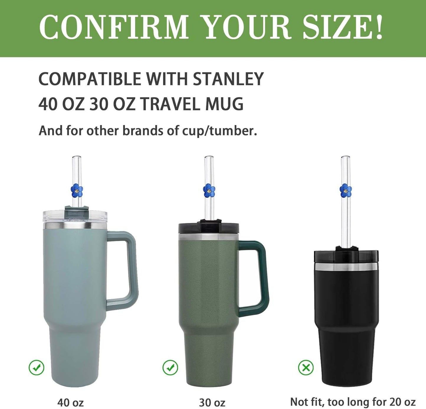 6 Pack Replacement Glass Straws for Stanley 40 oz 30 oz Tumbler, Reusable Cute Flower Glass Straws, Stanley Straw with Cleaning Brush Stanley Cup Accessories, 12 inches