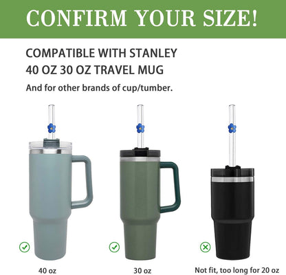 6 Pack Replacement Glass Straws for Stanley 40 oz 30 oz Tumbler, Reusable Cute Flower Glass Straws, Stanley Straw with Cleaning Brush Stanley Cup Accessories, 12 inches