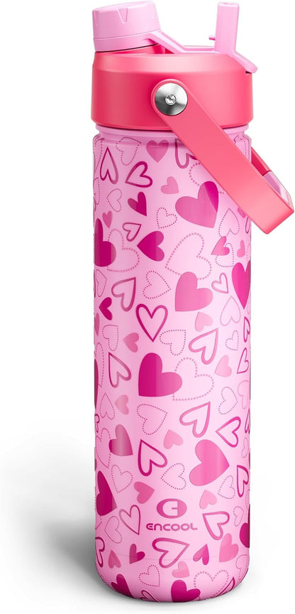 ENCOOL Insulated Water Bottle with Straw Stainless Steel Water Bottle, Leak-Proof, BPA-Free, Double Wall Vacuum Keeps Cold for 24 Hours for Sports, Travel, School (26 oz, Cotton Candy) - Colors A