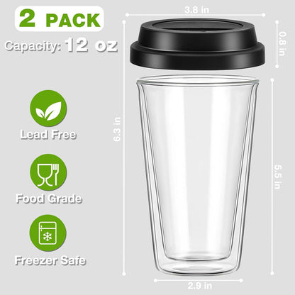 Qipecedm 2 Pack Double Walled Insulated Coffee Mugs with Silicone Lids, 12 OZ Reusable Coffee Cups, Cappuccino, Tea, Latte, Iced Coffee Cups, Travel Mugs, Heat Resistant