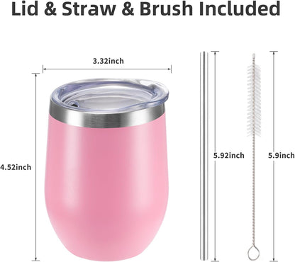 12 oz Insulated Wine Tumbler with Lid and Straw,Stainless Steel Stemless Wine Tumbler Glasses Double Wall Vacuum Wine Cups Tumbler for Coffee,Champaign,Cocktail,Office（Silver,1）