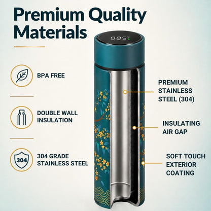Farasi Tea Infuser for Loose Leaf Tea Smart Water Bottle with Temperature Display, Stainless Steel Insulated Coffee and Fruit Tea Infuser Bottle - Green Floral Travel Tea Mugs 15 oz