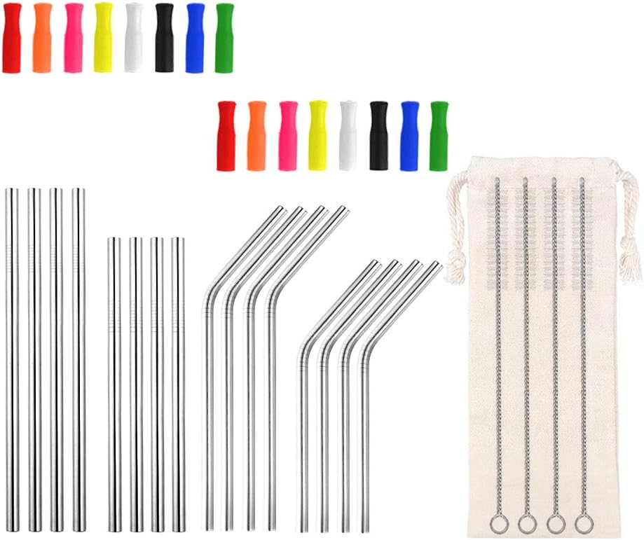 Lazycorner 16 Pcs Metal Straw Reusable 8.5" 10.5" 6mm Stainless Steel Straws for Tumblers 20oz-32oz, Rainbow Drinking Straws with Silicone Tips, 4 Straw Cleaner Brush, 1 Travel Case