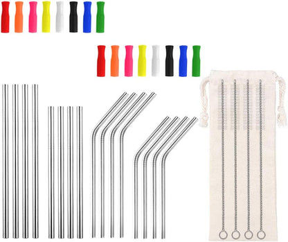 Lazycorner 16 Pcs Metal Straw Reusable 8.5" 10.5" 6mm Stainless Steel Straws for Tumblers 20oz-32oz, Rainbow Drinking Straws with Silicone Tips, 4 Straw Cleaner Brush, 1 Travel Case