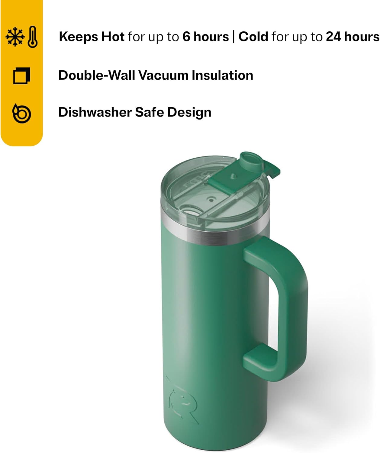 RTIC 20oz Road Trip Travel Mug with Lid and Handle, Ceramic Lined, Insulated, Stainless Steel, Metal, Double Wall Vacuum-Insulation, Portable Coffee, Tea Cup for Hot and Cold Drink, Black