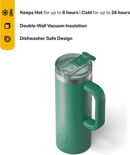 RTIC 20oz Road Trip Travel Mug with Lid and Handle, Ceramic Lined, Insulated, Stainless Steel, Metal, Double Wall Vacuum-Insulation, Portable Coffee, Tea Cup for Hot and Cold Drink, Black