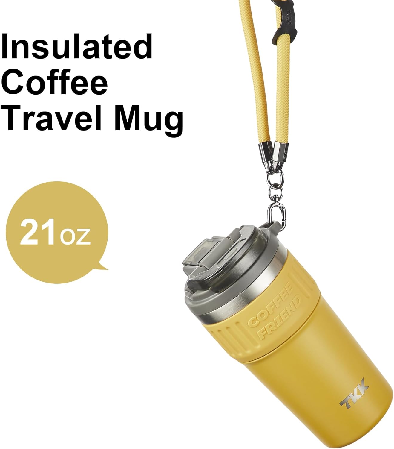 TKK Insulated Coffee Mug with Ceramic Coating, 21oz Iced Coffee Tumbler Cup with Straw Lid Double Wall Vacuum Leak Proof Travel Mug with Strap for Hot and Iced Beverage, Tungsten Steel