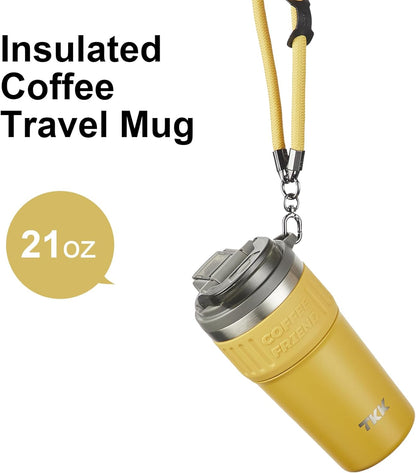 TKK Insulated Coffee Mug with Ceramic Coating, 21oz Iced Coffee Tumbler Cup with Straw Lid Double Wall Vacuum Leak Proof Travel Mug with Strap for Hot and Iced Beverage, Tungsten Steel
