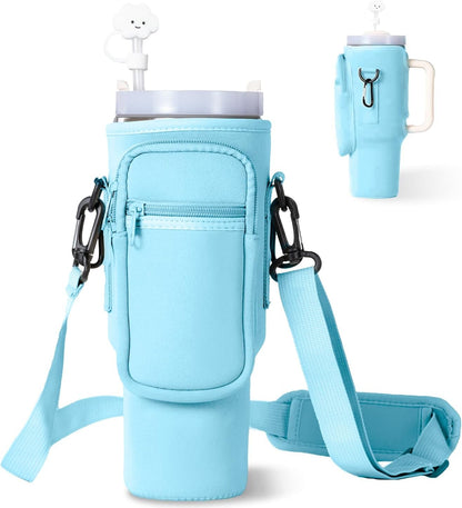 dabria Water Bottle Carrier Bag with Phone Pocket for Stanley 40/30 oz Tumbler Neoprene Water Bottle Holder Pouch with Adjustable Strap Bollus with Straw Cover for Stanley Cup Accessories