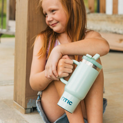 RTIC Little Road Trip Tumbler 16oz for Kids with Straw Lid and Handle, Ceramic Lined, Insulated Stainless Steel Travel Water Mug Cup, Leak-Proof, RTIC Ice Glitter