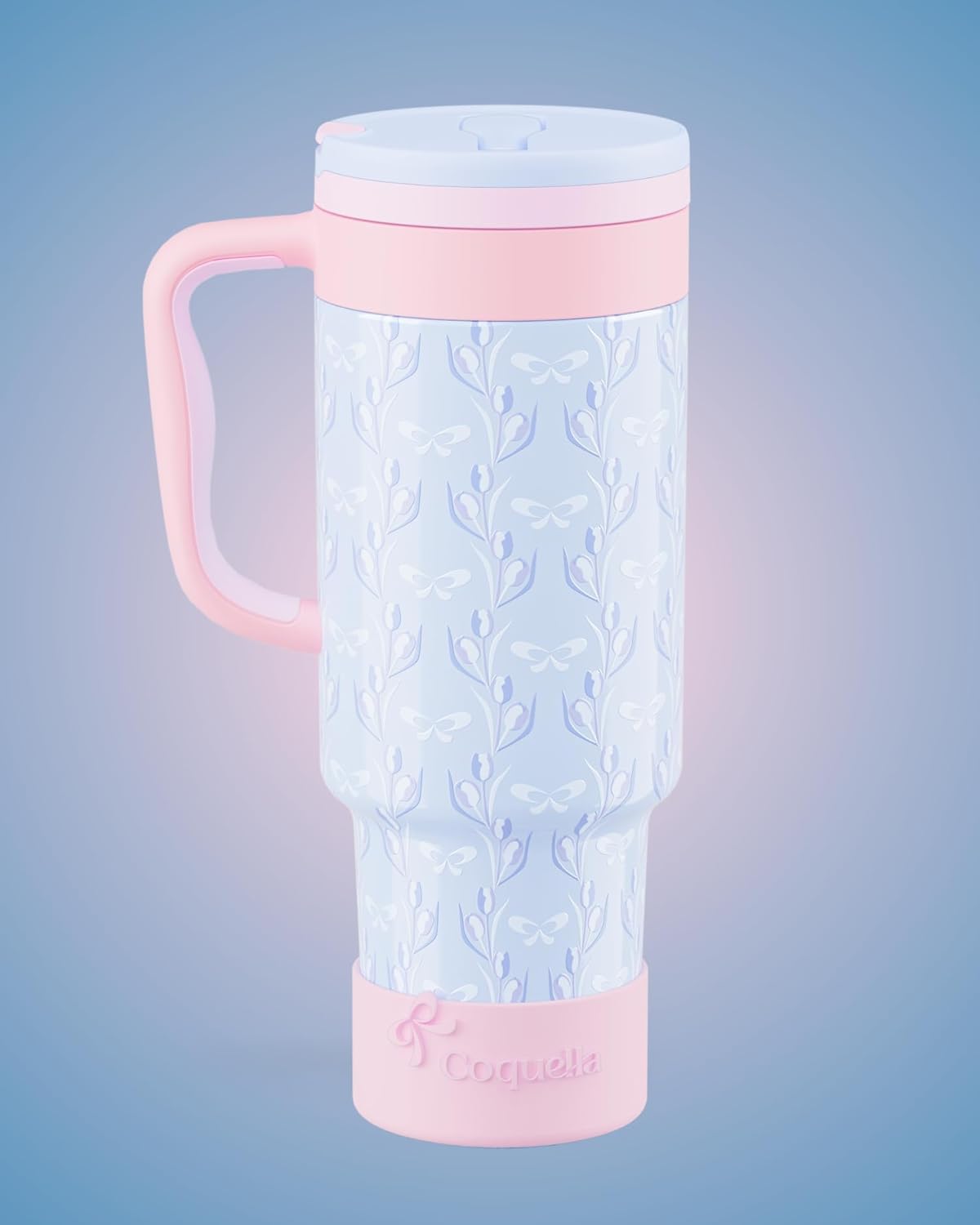 40 oz Insulated Tumbler with Handle and Push-Button Straw Lid, Stainless Steel Travel Cup for Gym Office, Leakproof, BPA-Free, Cup Holder Friendly, Bow Silicone Boot, Purple (Light Lilac)