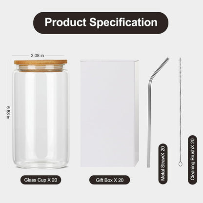 ASKIZ 16Pcs Glass Cups With Bamboo Lids and Straws,16Oz Ice Coffee Cup,Drinking Glasses Cups Set,Water Bottles Glasses for Juicing,Beer,Coffee,Soda,Tea-Glass Tumbler Reusable for Gifts