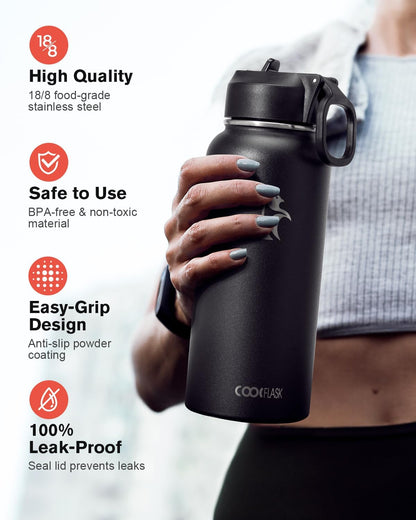 Half Gallon Water Bottle Insulated with Straw & 3 Lids, Coolflask 64 oz Water Jug Large Metal Stainless Steel Wide Mouth for Sports, Gym or Office, Non-BPA Keep Cold 48H Hot 24H, Samurai Cyan