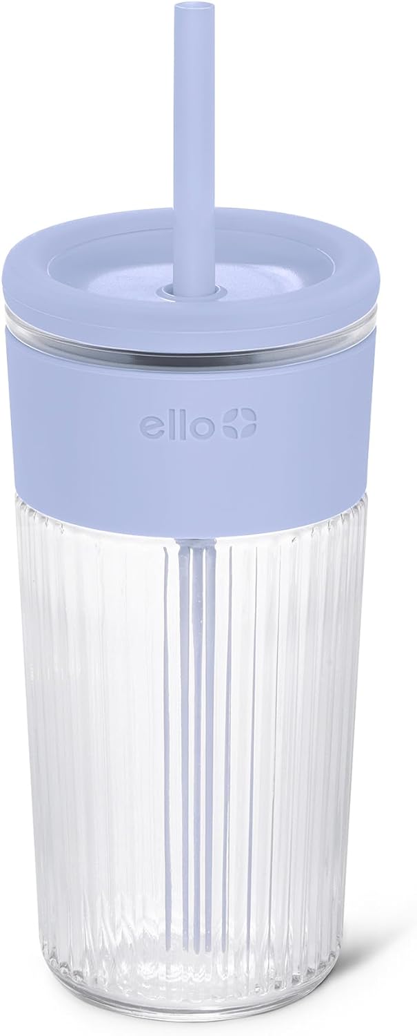 Ello Devon Glass Tumbler , Protective No Sweat Silicone Sleeve and Splash Proof Wooden Detail Lid with Straw, 18 oz