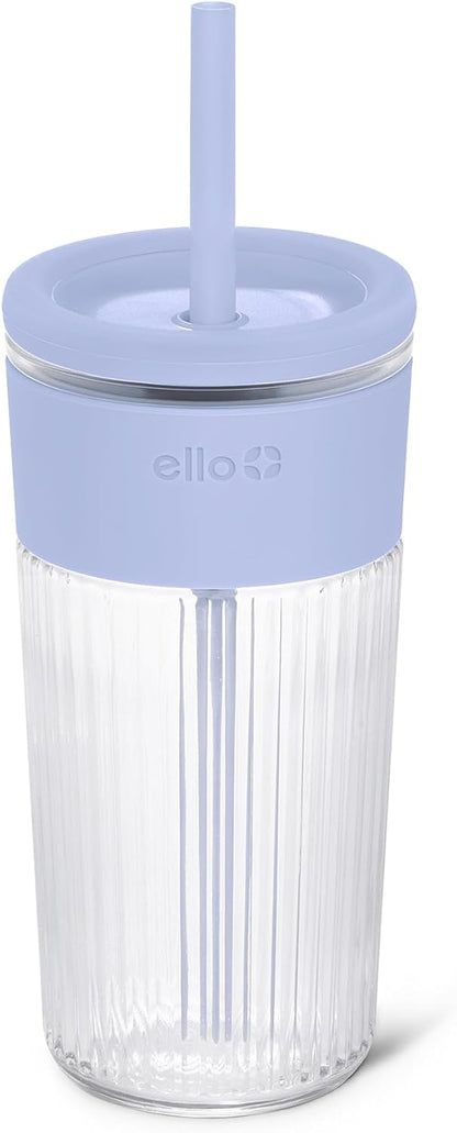 Ello Devon Glass Tumbler , Protective No Sweat Silicone Sleeve and Splash Proof Wooden Detail Lid with Straw, 18 oz