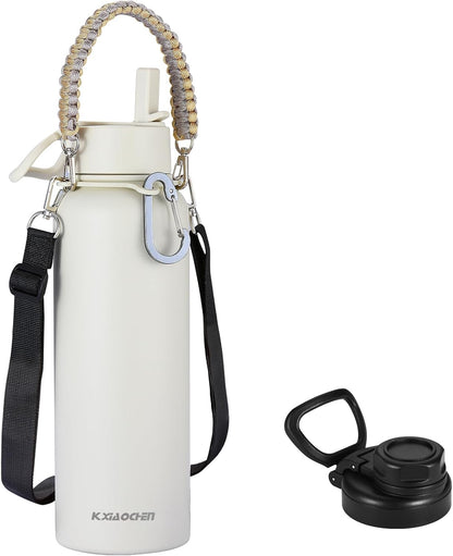 KXIAOCHEN Insulated Water Bottle With Strap, Cold For 48 Hrs Leak Proof, Triple Wall Stainless Steel Sports Water Bottle With Straw And Spout Lid For Gym Hiking Travel