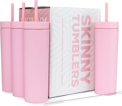 STRATA CUPS Perwinkle Skinny Tumblers with Lids and Straws (4 pack), 16oz Matte Pastel Colored Acrylic Tumblers with Lids and Straws, Double Wall Skinny Tumbler Bulk, Reusable Cup with Straw Cleaner
