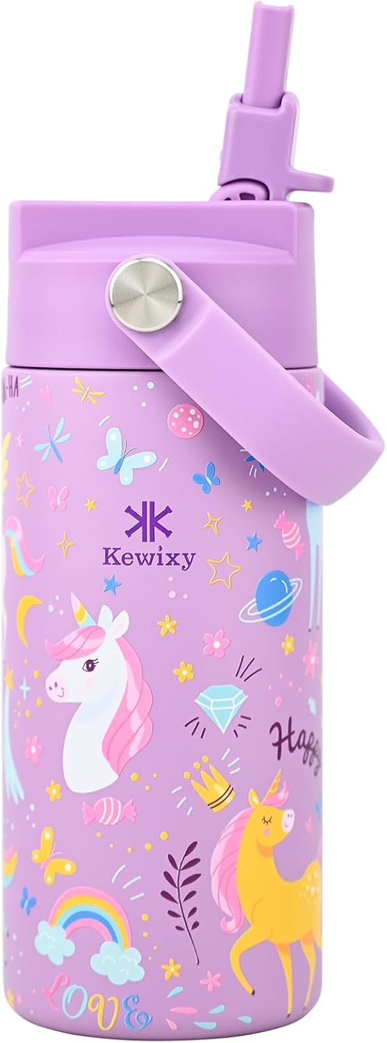 KEWIXY Kids Water Bottle for School, Easy Slide Lid, Leak Proof, Keep Cold 24H, Vacuum Insulated Tumbler, Metal Stainless Steel with Straw and Handle, for Boys&Girls (18OZ, Candy Pink)