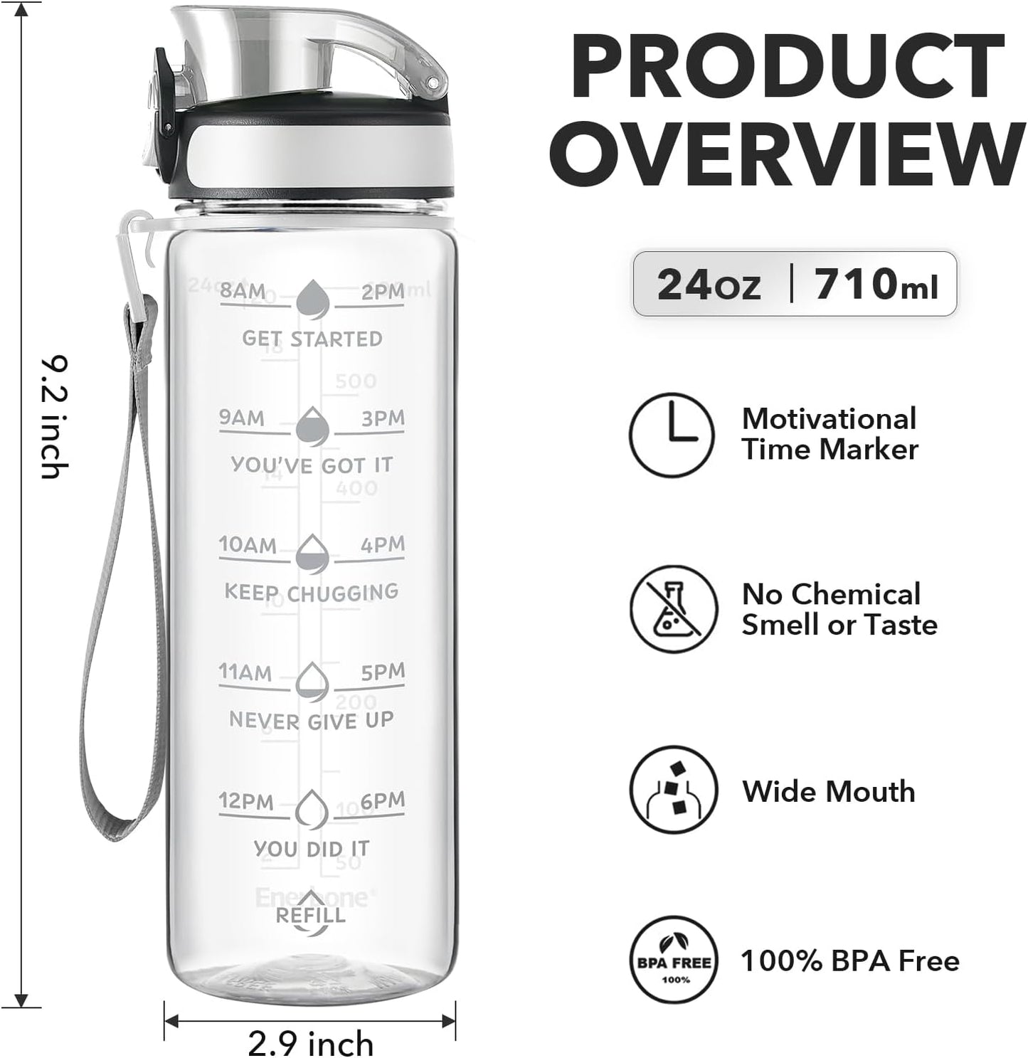 Enerbone Water Bottle, Leakproof BPA & Toxic Free, Motivational Water Bottle with Times to Drink and Straw, Fitness Sports Water Bottle with Strap for Office, Gym, Outdoor Sports