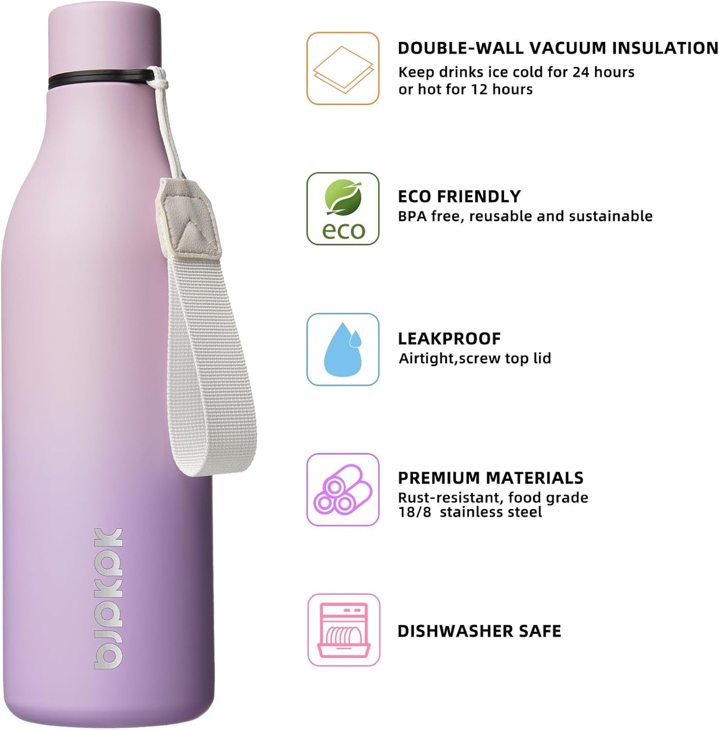 BJPKPK Insulated Water Bottles, 18 oz Stainless Steel Metal Water Bottle with Strap, BPA Free Leak Proof Jugs, Mugs, Flasks, Reusable Thermal Flasks for Sports & Travel, Black - Colors A