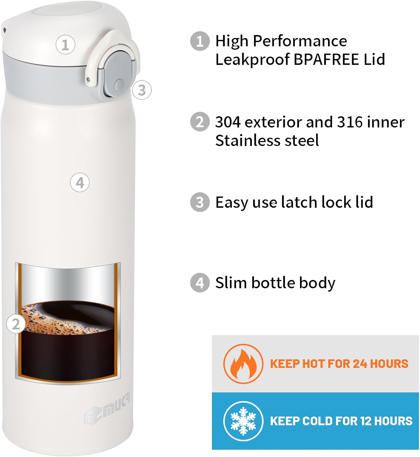 17 oz / 500 ml Insulated Water Bottle, Stainless Steel Thermo Coffee Travel Mug, Thermal Cup with Snap Flip Lid, BPA Free for Hot and Cold Drinking, Black