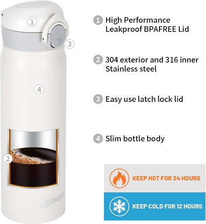17 oz / 500 ml Insulated Water Bottle, Stainless Steel Thermo Coffee Travel Mug, Thermal Cup with Snap Flip Lid, BPA Free for Hot and Cold Drinking, Black