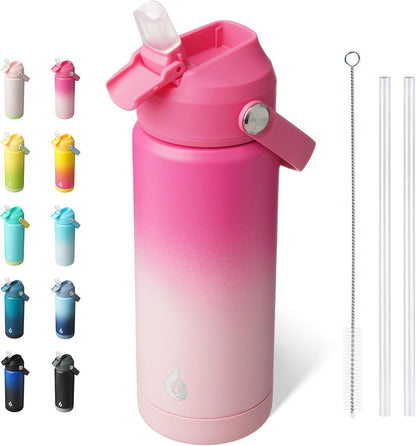 BJPKPK Insulated Water Bottle with Straw Lid, 18oz Thermo Water Bottles with Soft Nozzle, Flex Handle & Non-slip Boot, BPA Free Leak Proof Stainless Steel Metal Thermo, Tumblers, Cups,Sea Salt