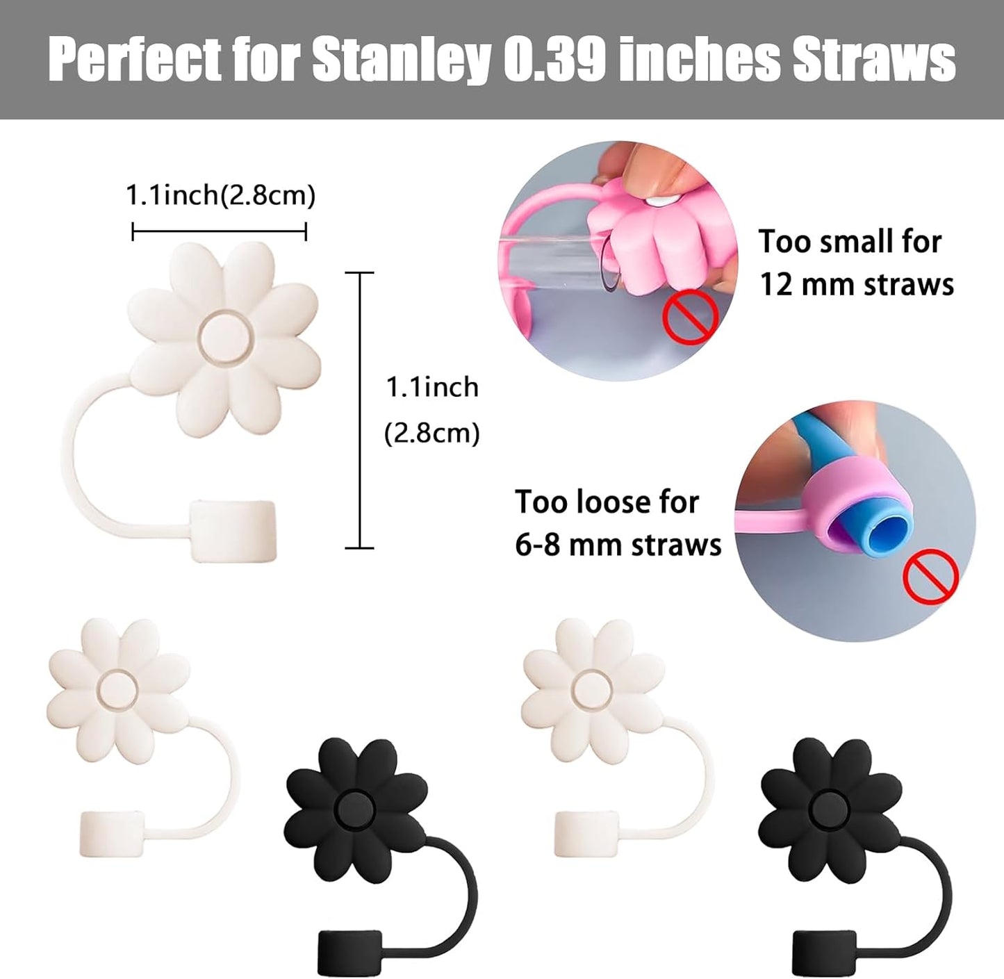 Flower Straw Covers Toppers for Stanley Cups 30&40 Oz Tumbler with Handle Accessories 4PCS Silicone Straw Caps Reusable Straws Tips Protectors for Stanley Cup 10mm 0.4in Straws,Off White