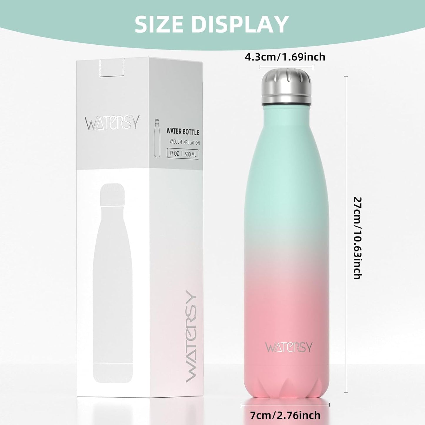 WATERSY Stainless Steel water bottles,17oz/500ml Insulated Water Bottles,Deep Blue metal water bottle Keeps Drink Cold and Hot,BPA Free kids water bottles for School,Gym,Travel,Sports