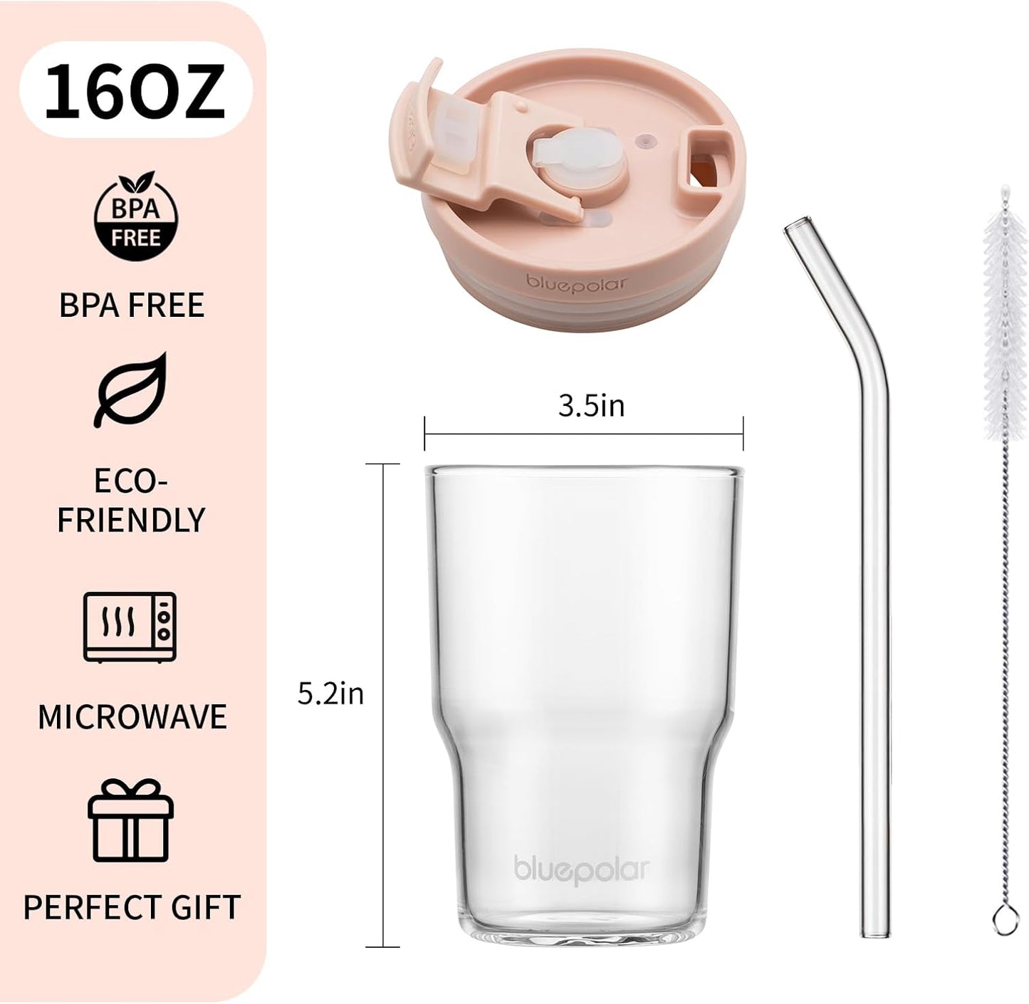 BLUEPOLAR Iced Coffee Glasses with Lids and Straws,Car Cup Holder Friendly, Leakproof Portable Tumblers for Cold Brew, Juice & Smoothie, Ideal for Travel, Office & Gym, BPA-Free (16oz-Pink)