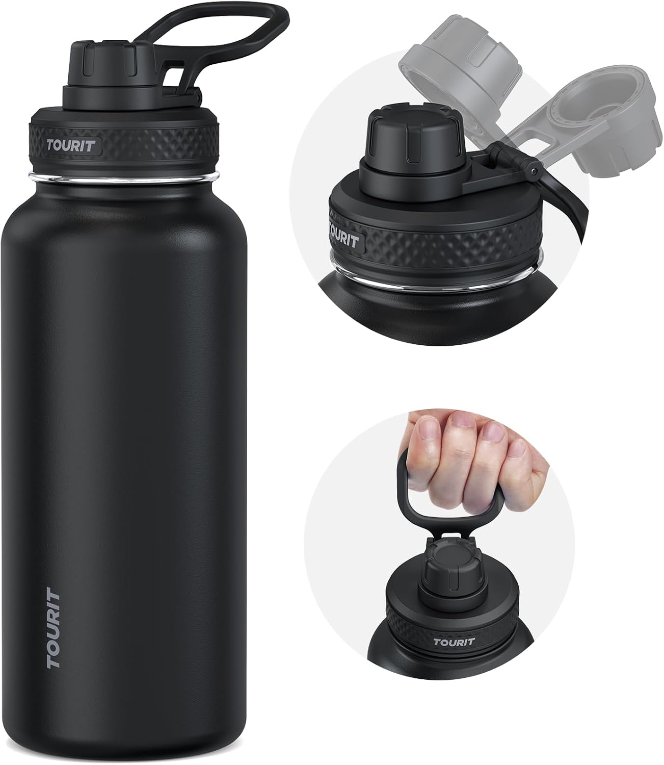 TOURIT 24 oz Insulated Water Bottle, Stainless Steel Water Bottles With Handle, Double-Wall Vacuum Sports Water Bottle, BPA Free Leakproof Water Bottle, Black