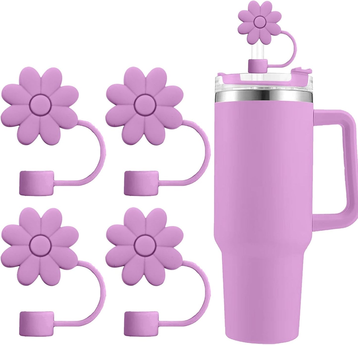 Flower Straw Covers Toppers for Stanley Cups 30&40 Oz Tumbler with Handle Accessories 4PCS Silicone Straw Caps Reusable Straws Tips Protectors for Stanley Cup 10mm 0.4in Straws,Off White