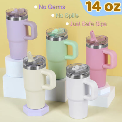 14 oz Tumbler for kids with Detachable Flip Straw Lid and handle, 100% Leak Proof 14 oz mini cup, Stainless Steel Vacuum Insulated Tumbler, Wide Mouth Easy to Clean, Keep Cold or Hot (Pink)